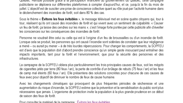 Communiqué - La SOPFEU lance la plus importante campagne de prévention de son histoire