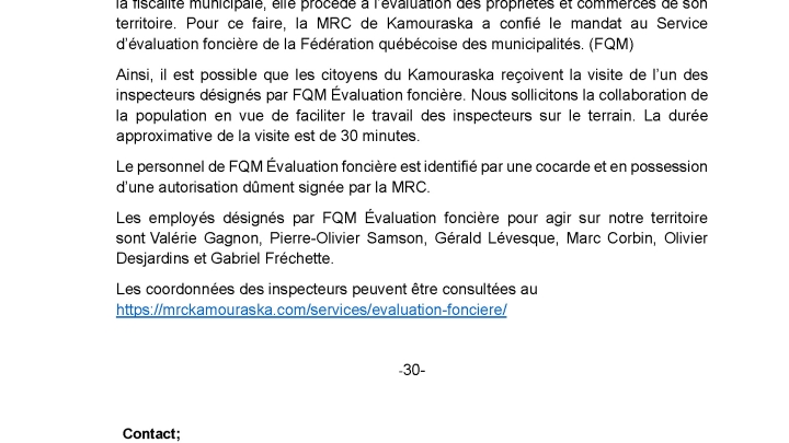 Avis à la population - Visite d'inspecteurs désignés pour les propriétés et commerces du Kamouraska