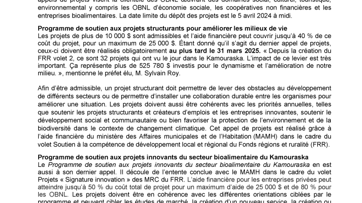 Appels de projets pour deux programmes de la MRC de Kamouraska