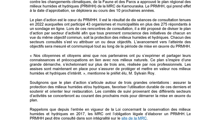 Communiqué - Un premier plan d'action pour la conservation des milieux humides et hydriques du Kamouraska