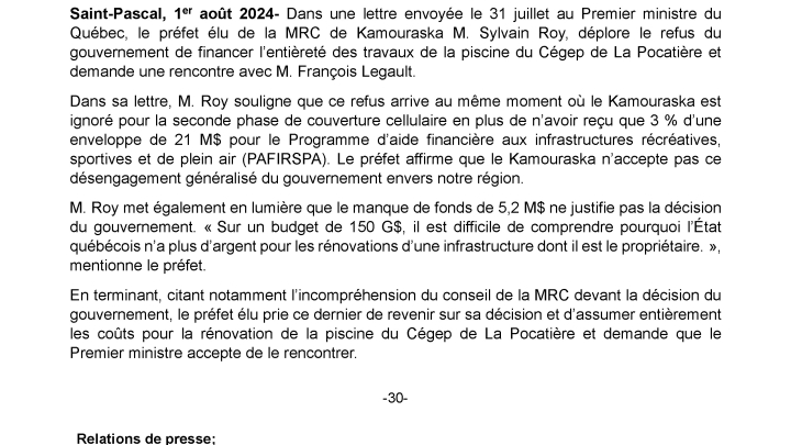 Communiqué de presse - Le préfet élu de la MRC de Kamouraska demande à renontrer le Premier ministre dans le dossier de la piscine du Cégep de La Pocatière
