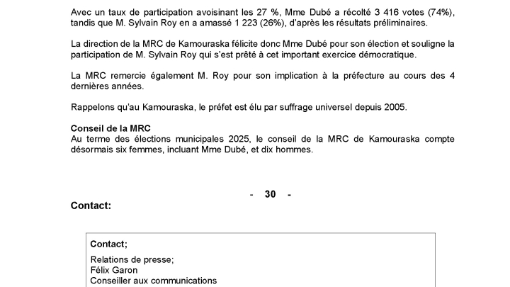 Communiqué de presse - Nancy Dubé élue préfète de la MRC de Kamouraska