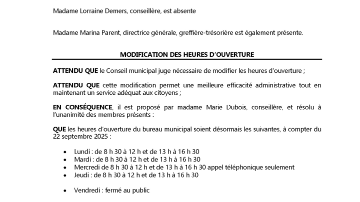Modification des heures d'ouverture du bureau municipal