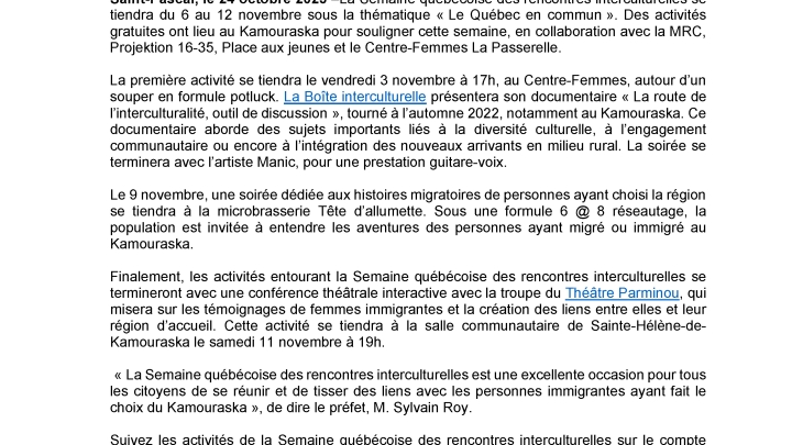 En novembre, le Kamouraska souligne la semaine Québécoise des rencontres interculturelles