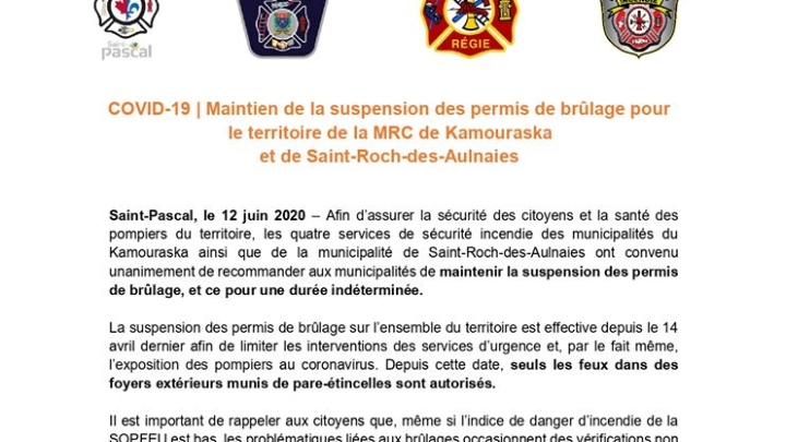 Maintien de la suspension des permis de brûlage