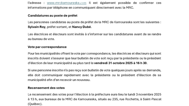Communiqué de presse - Élection du préfèt de la MRC de Kamouraska : Vérifiez votre lieu de vote