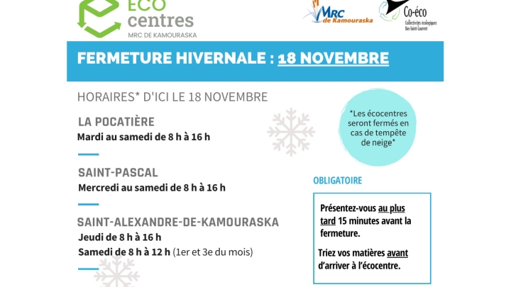 Éco Centres : Fermeture hivernale : 18 novembre 2023