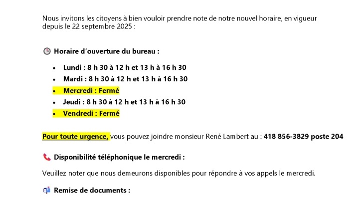 AVIS AUX CITOYENS - RAPPEL DU NOUVEL HORAIRE
