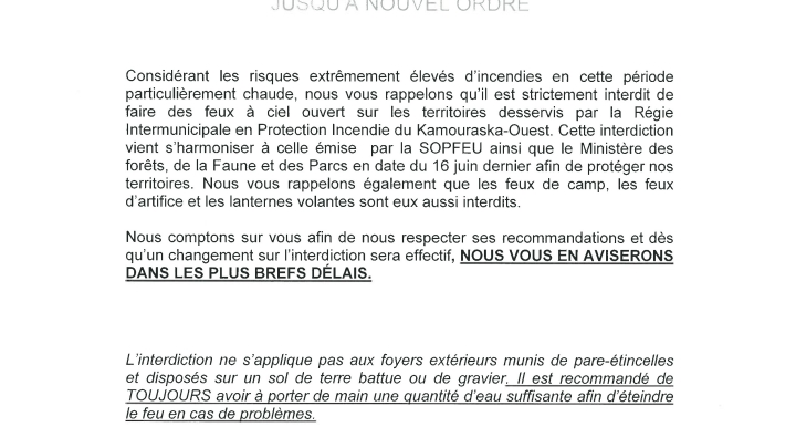 Interdiction de feux à ciel ouvert