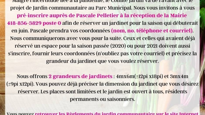 JARDIN COMMUNAUTAIRE PRÉ-INSCRIPTION SAISON 2021