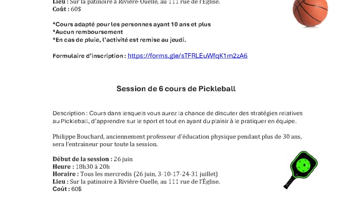 Cours Basketball et Pickleball - inscriptions