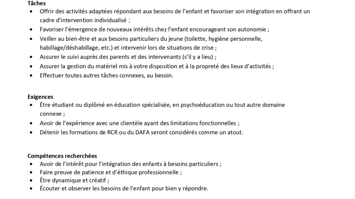 Offre d'emploi - Accompagnateur pour Camp de jour