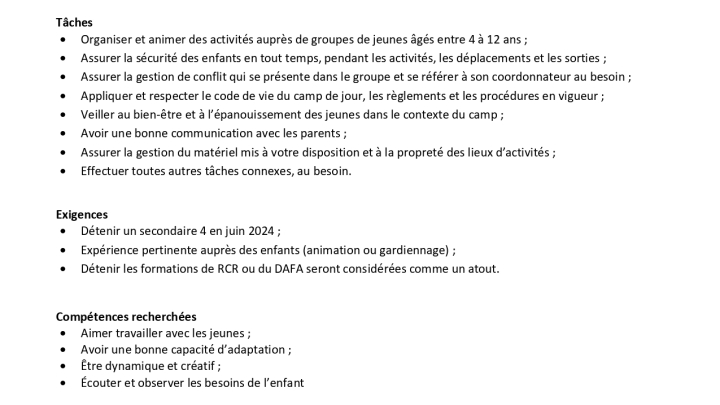 Offre d'emploi -  Animateur Camp de jour