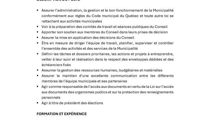 Offre d'emploi - Directeur général, greffier-trésorier