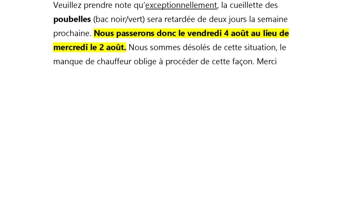 Changement pour la prochaine cueillette de poubelles