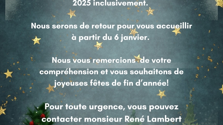 La Municipalité sera fermée du 23 décembre au 3 janvier 2025