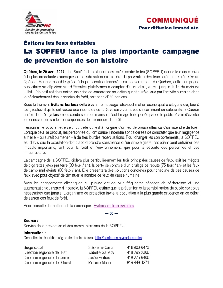 Communiqué - La SOPFEU lance la plus importante campagne de prévention de son histoire