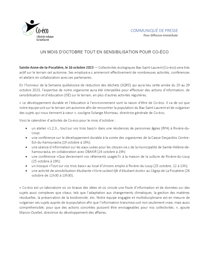 Un mois d'octobre tout en sensibilisation pour Co-Éco