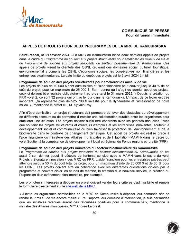 Appels de projets pour deux programmes de la MRC de Kamouraska