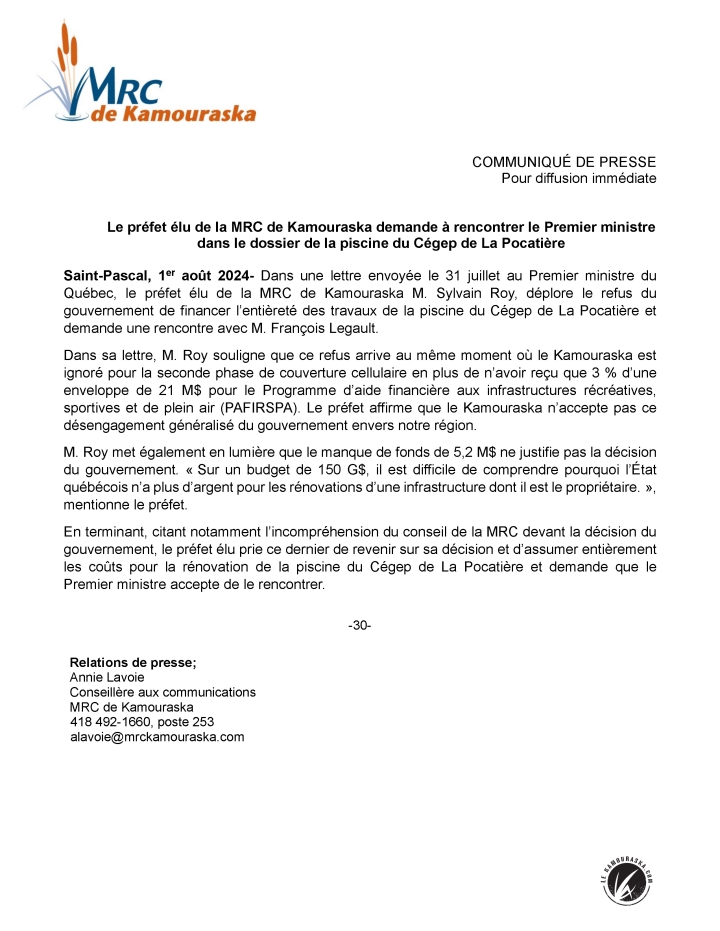 Communiqué de presse - Le préfet élu de la MRC de Kamouraska demande à renontrer le Premier ministre dans le dossier de la piscine du Cégep de La Pocatière