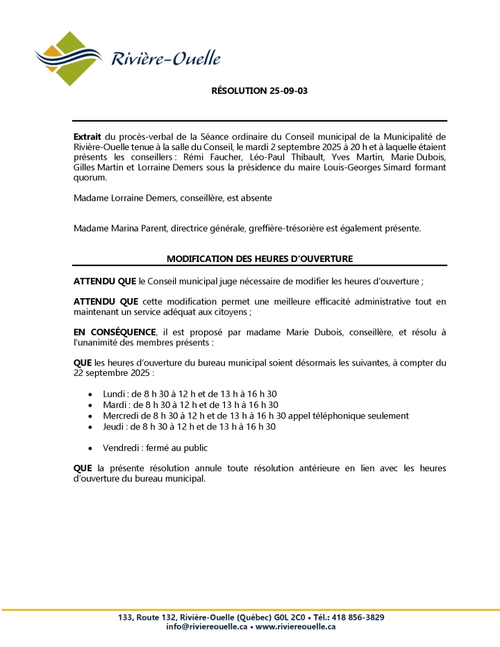 Modification des heures d'ouverture du bureau municipal
