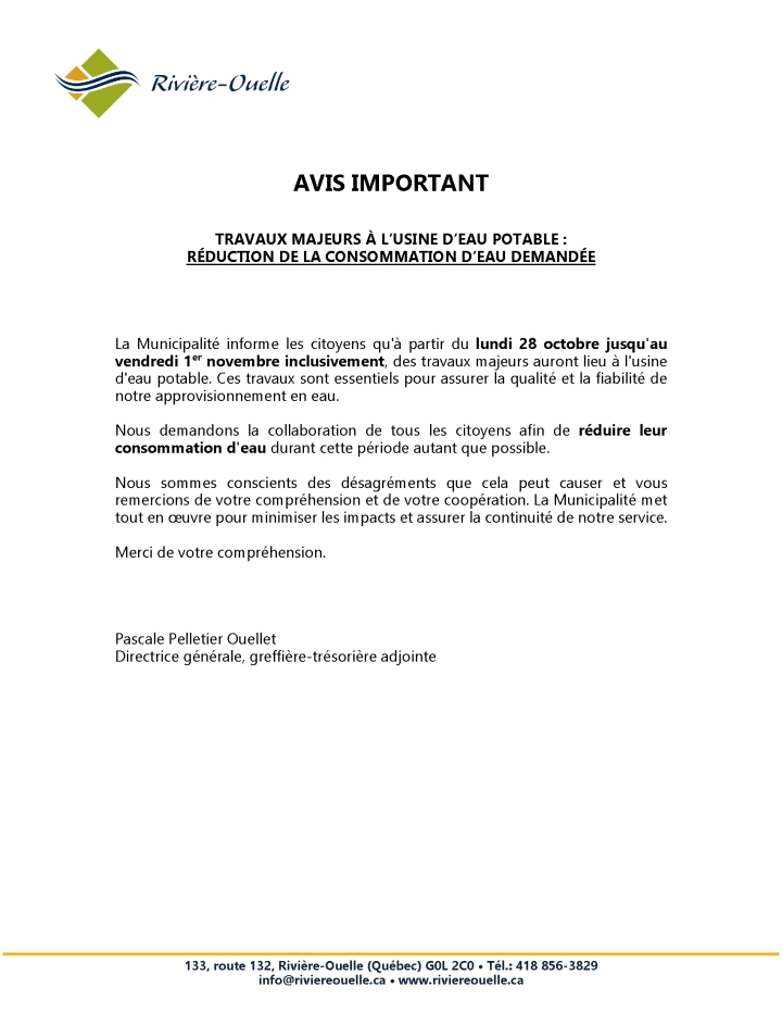 Avis important - Travaux majeurs à l'usine d'eau potable: Réduction de la consommation d'eau demandée