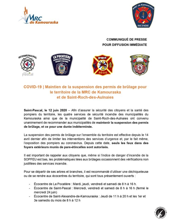 Maintien de la suspension des permis de brûlage