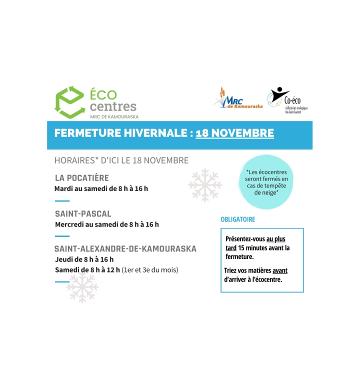 Éco Centres : Fermeture hivernale : 18 novembre 2023