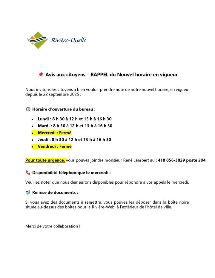 AVIS AUX CITOYENS - RAPPEL DU NOUVEL HORAIRE