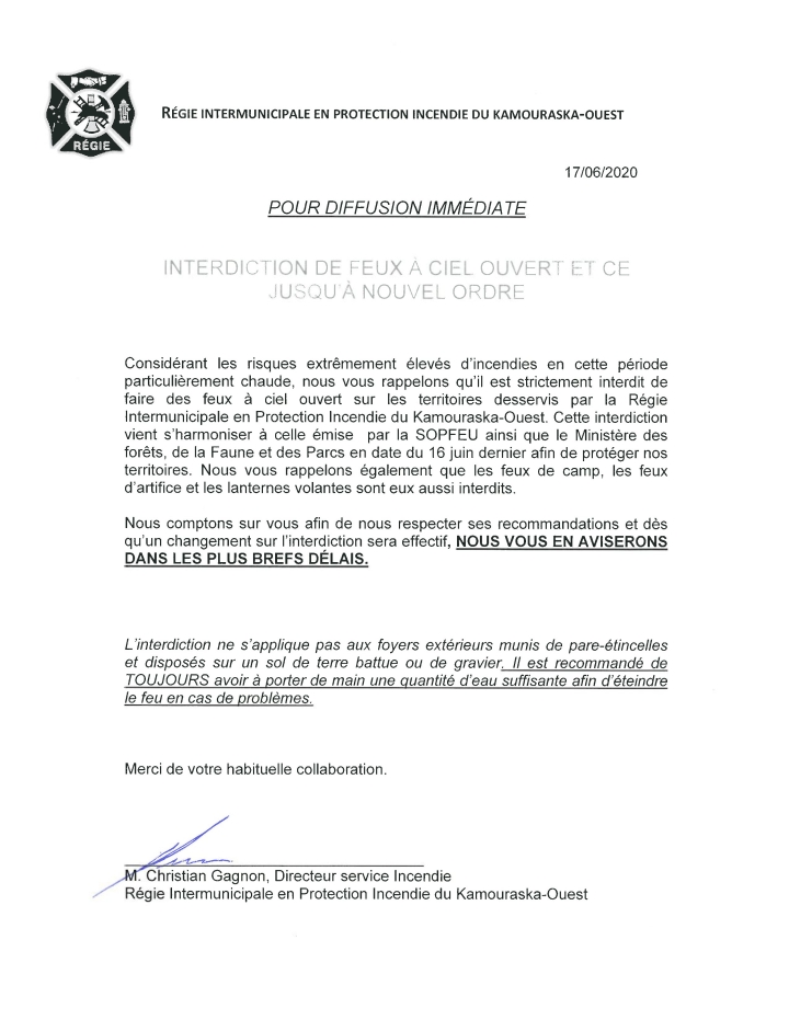 Interdiction de feux à ciel ouvert