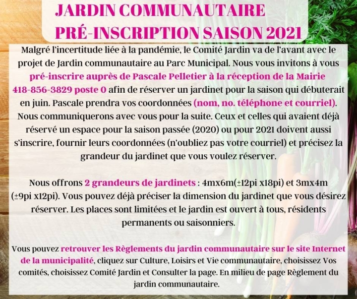 JARDIN COMMUNAUTAIRE PRÉ-INSCRIPTION SAISON 2021