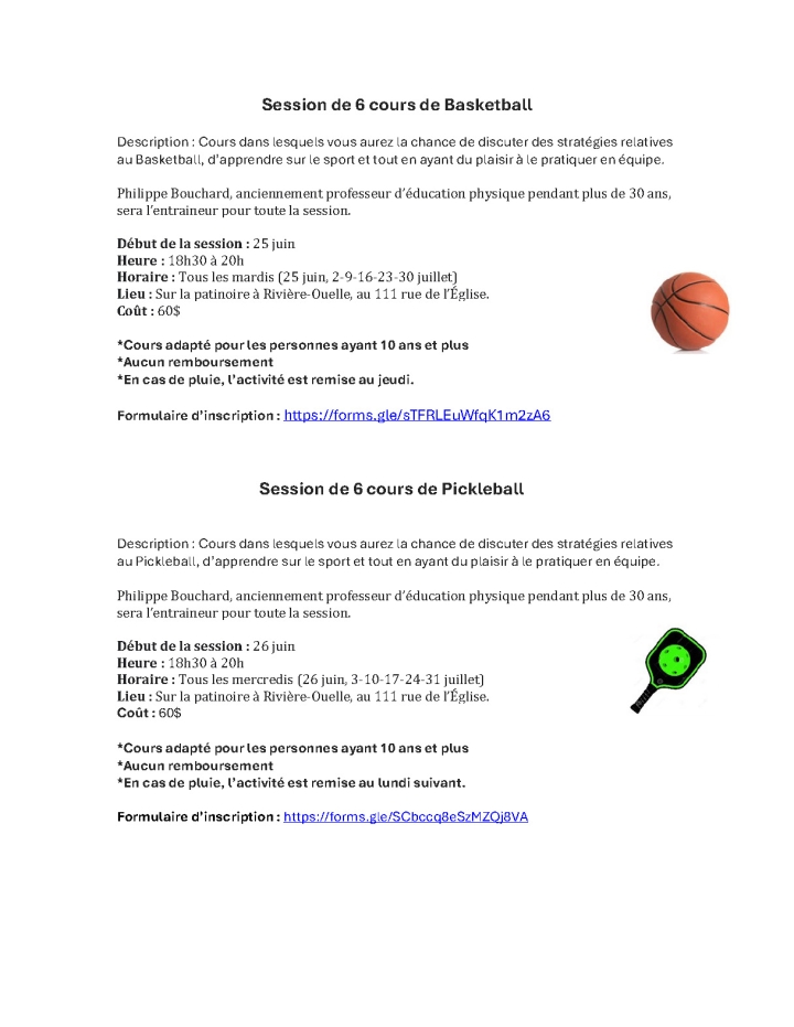 Cours Basketball et Pickleball - inscriptions
