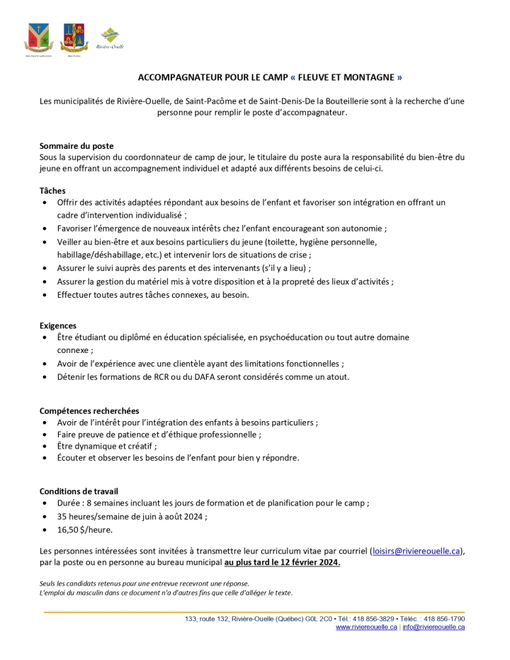 Offre d'emploi - Accompagnateur pour Camp de jour