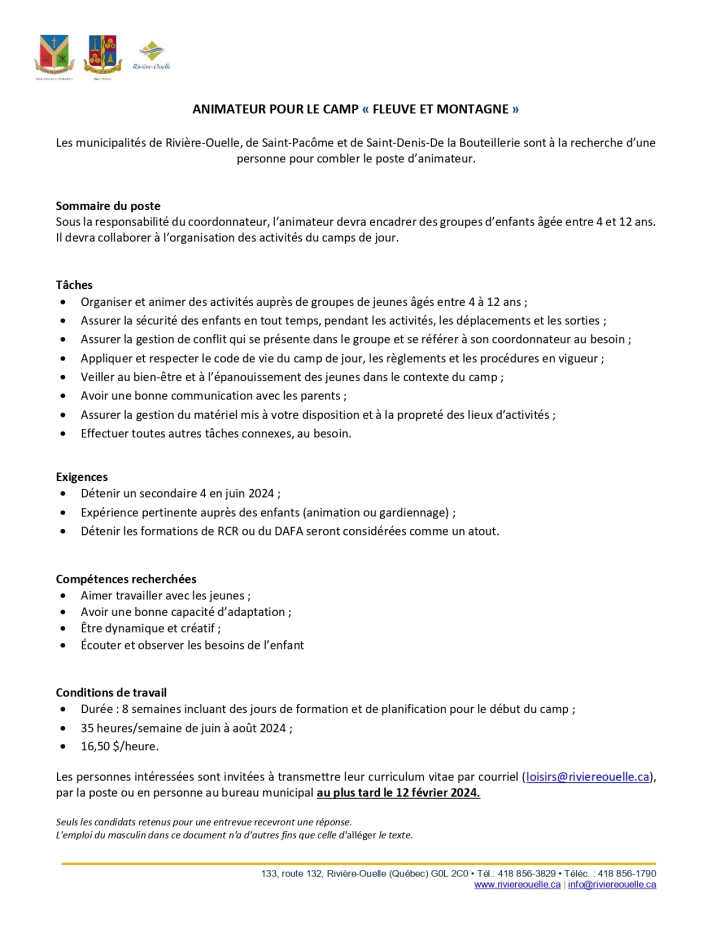 Offre d'emploi -  Animateur Camp de jour