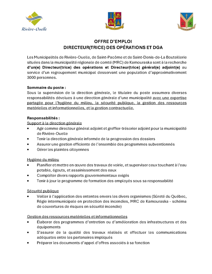 Offre d'emploi - Directeur(trice) des opérations et DGA