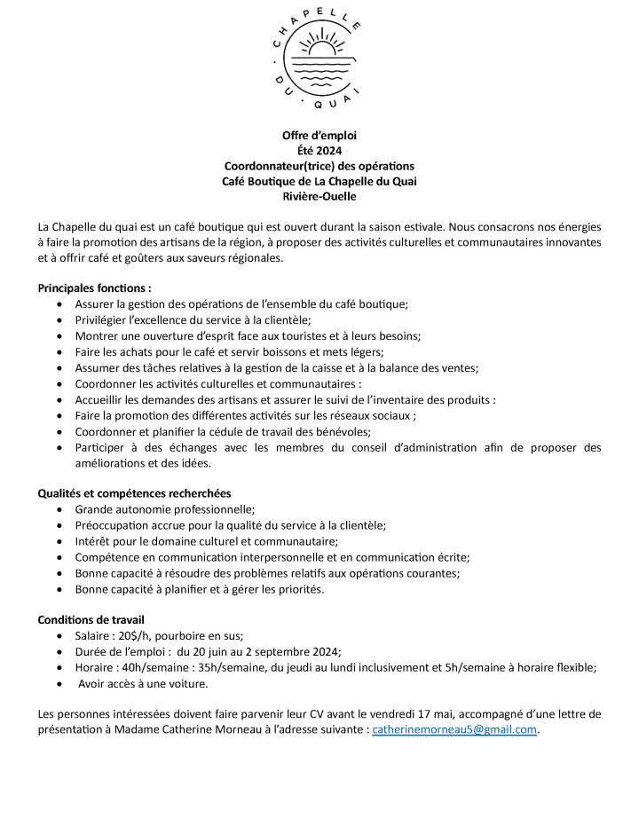 Offre d'emploi - Chapelle du Quai