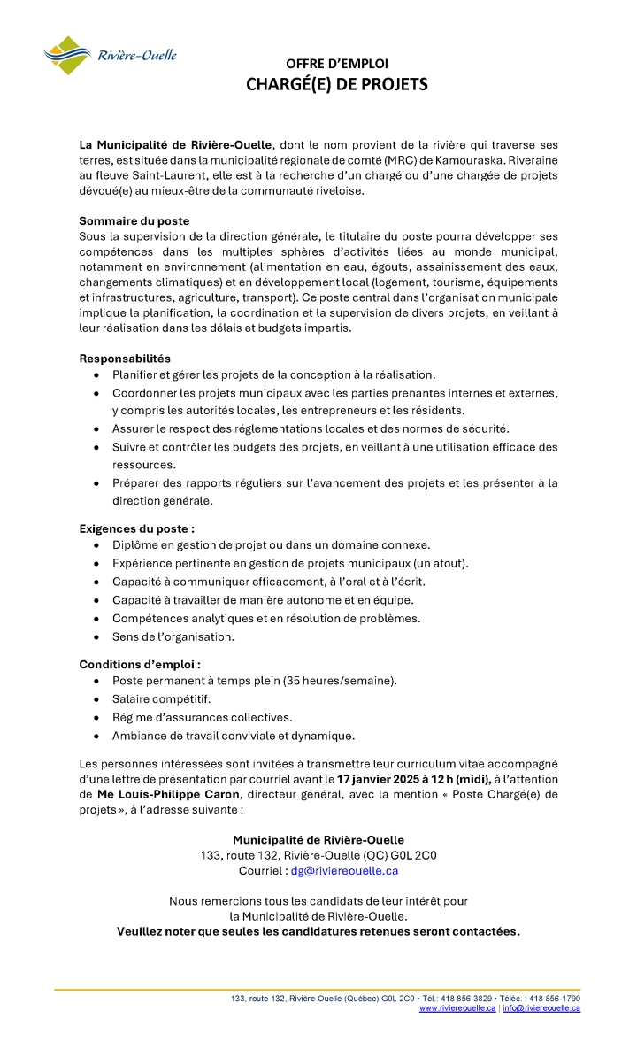 Offre d'emploi - Chargé(e) de projets