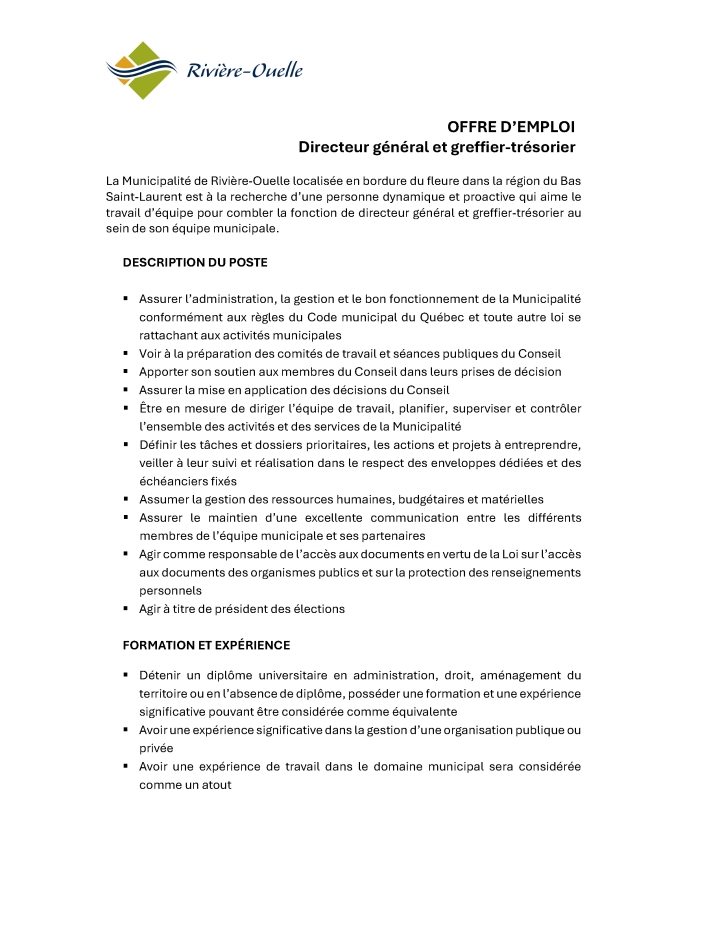 Offre d'emploi - Directeur général, greffier-trésorier