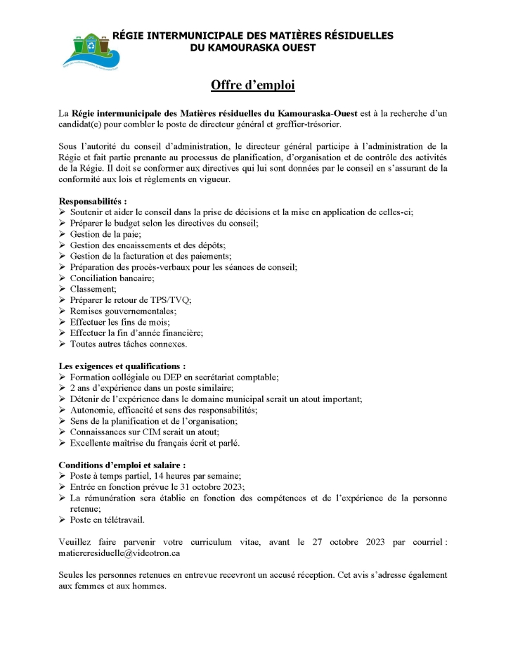 Régie intermunicipale des matières résiduelles - Offre d'emploi
