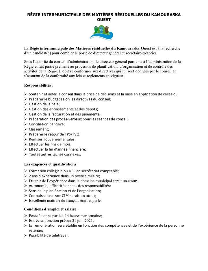 Offre d'emploi | Régie intermunicipale des Matières résiduelles du Kamouraska-Ouest