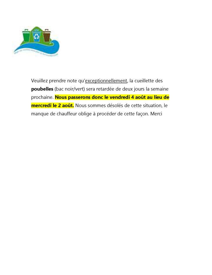 Changement pour la prochaine cueillette de poubelles