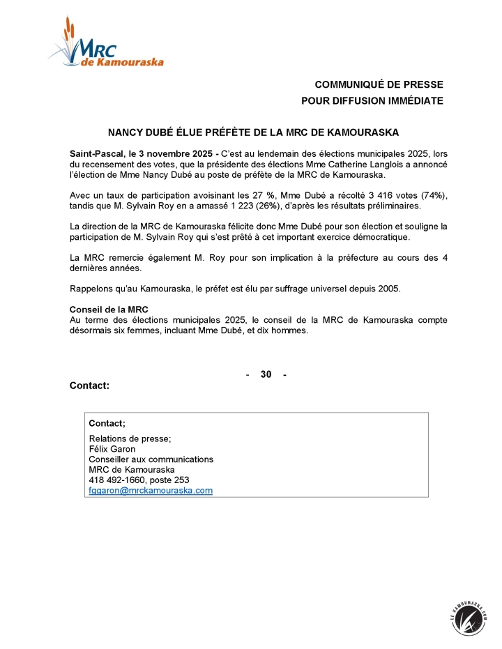 Communiqué de presse - Nancy Dubé élue préfète de la MRC de Kamouraska