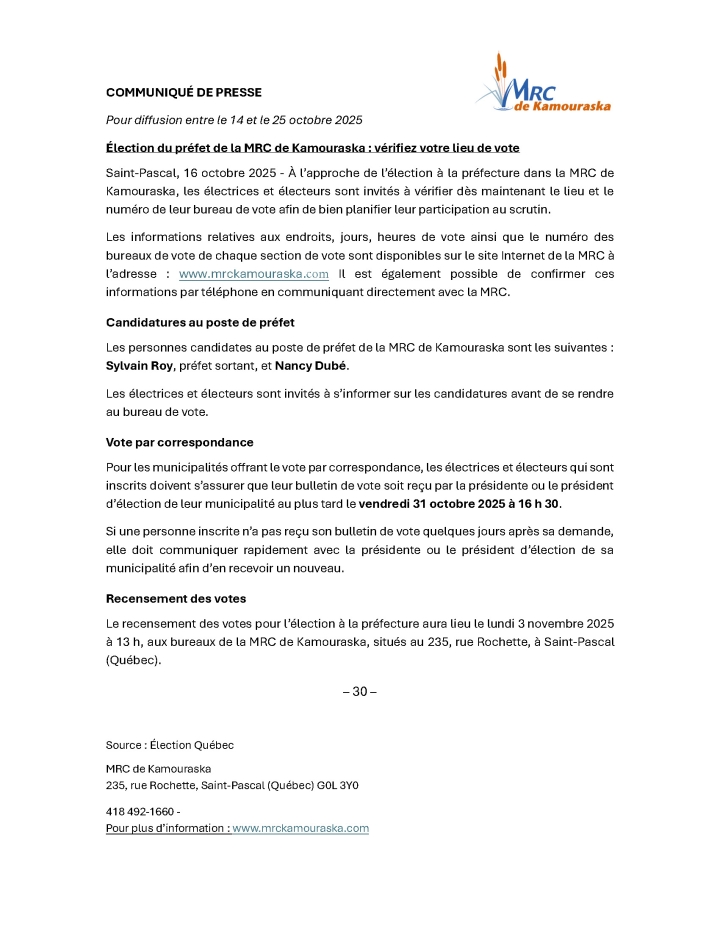 Communiqué de presse - Élection du préfèt de la MRC de Kamouraska : Vérifiez votre lieu de vote