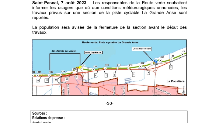 Communiqué - Travaux reportés Route Verte